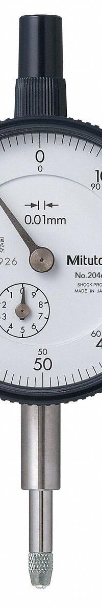 MITUTOYO Dial Indicator: 0.01 mm to 10 mm, Metric, Vertical, 0.01 mm Accuracy, 57 mm Dial Size (MPN 2046A-01). Key specifications — attr1184168: 2046A-01; attr1184178: 1-100; attr1184223: MITUTOYO; attr1200883: Dial Indicator; attr1184173: AGD 2; attr1184177: 0.01 mm; attr1184208: Certificate of Inspection; attr1184179: Vertical.