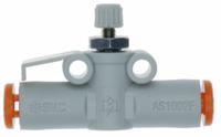SMC Speed Controller: In-Line Fitting, Knob, M5 Valve Body Size, 1/8 in Push to Connect Tube, 1/8 in (MPN AS1002F-01A). Key specifications — attr947203: Brass/PBT; attr947205: SMC.