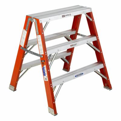 WERNER Step Stool: 3 Steps, 3 ft Overall Ht, 300 lb Load Cap, Fiberglass - Dual-Side Access Folding Step Stools