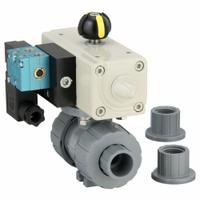 HAYWARD FLOW CONTROL Pneumatically Actuated Two-Way Ball Valve: 1/2 in, CPVC, Air to Air (MPN PSDTBH205STVA8). Key specifications — Brand: HAYWARD FLOW CONTROL; Connection Gender - Side 1: Female; Actuator Features: Position Indicator; Actuator Operation: Air to Air; Actuator Series: PSD; Connection Gender - Side 2: Female; Connection Type - Side 1: True-Union Socket/True-Union NPT; Connection Type - Side 2: True-Union Socket/True-Union NPT.