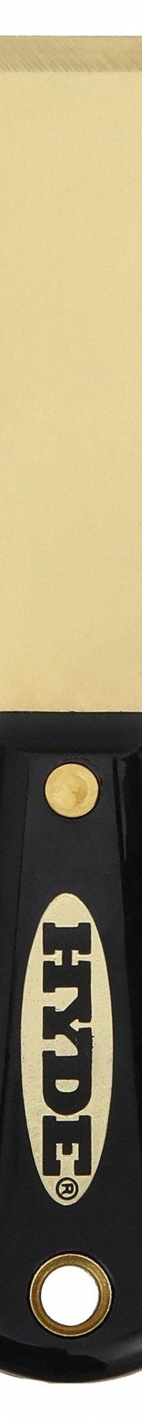 HYDE Putty Knife: Bld. Mat. Brass, Hdl. Mat. Nylon, Stiff, Straight Bld. Shape, 7 3/4 in Overall Lg (MPN 02215). Key specifications — attr1004902: HYDE; attr1012057: Full; attr1014703: Plastic; attr1017570: Standard End; attr1029655: Straight; attr1034073: Straight.