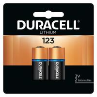 DURACELL Battery: 123 Battery Size, Lithium, 1,550 mAh Capacity, 3V DC, 2 PK (MPN DL123). Key specifications — attr114739: Lithium; attr117152: DURACELL.
