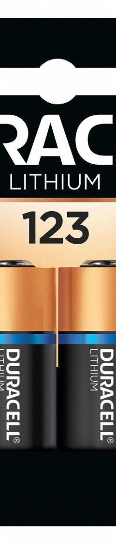 DURACELL Battery: 123 Battery Size, Lithium, 1,550 mAh Capacity, 3V DC, 2 PK (MPN DL123). Key specifications — attr114739: Lithium; attr117152: DURACELL.