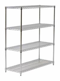 APPROVED VENDOR Wire Shelving Unit: Starter, 48 in x 24 in, 54 in Overall Ht, 4 Shelves, Dry, Silver (MPN 45VY19). Key specifications — Recommended Environments: Dry; Color: Silver; Finish: Chrome; Material: Steel; Brand: APPROVED VENDOR.