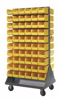 QUANTUM STORAGE SYSTEMS Mobile Louvered Floor Rack: 36 in x 24 in x 72 in, 120 Bins Included, Yellow (MPN QMD-36H-230YL). Key specifications — Bin Width: 5-1/2 in; Color: Gray; Caster Wheel/Configuration: (2) Swivel; Caster Wheel/Tread Material: Hard Rubber; Bin Color: Yellow; Bin Depth: 10-7/8 in; Bin Height: 5 in; Brand: QUANTUM STORAGE SYSTEMS.