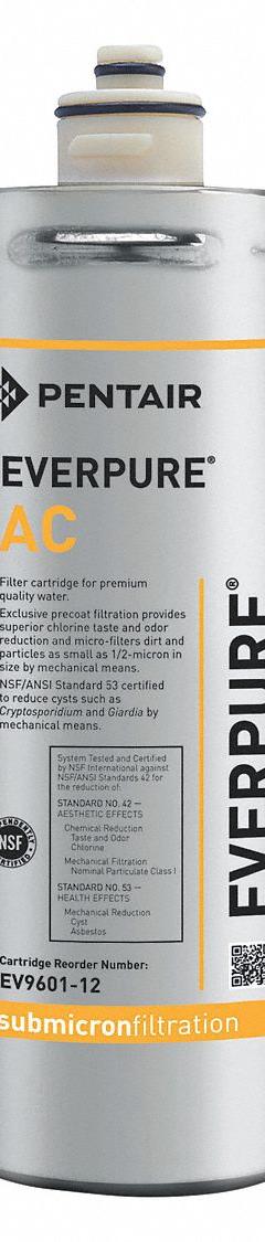 PENTAIR/EVERPURE Quick-Connect Water Filter: 0.5 micron, 0.5 gpm, 750 gal, 10 1/2 in Overall Ht (MPN EV960112-75). Key specifications — Filter Media: Carbon; Reduces: Objectionable Odors; Brand: PENTAIR/EVERPURE.