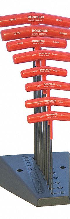 BONDHUS Hex Key Set: 6 - 10 Pieces, T, Metric, Single Ball End, Long, 8 Pieces, Black Oxide, 1 Tips (MPN 13189). Key specifications — attr1205553: Not Tether Capable; attr1205554: BONDHUS; attr1205568: Black Oxide; attr1293176: 6 - 10 Pieces.