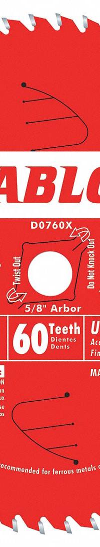 DIABLO Circular Saw Blade: 7 1/4 in Blade Dia., 60 Teeth, 0.06 in Cut Wd, 5/8 in Arbor Size, Carbide (MPN D0760A). Key specifications — attr1116119: DIABLO; attr1145631: Wood.