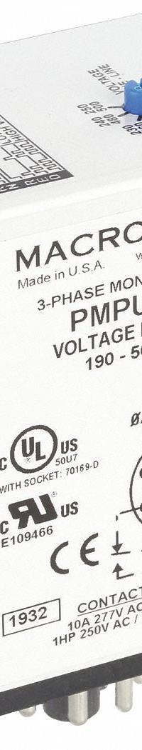 MACROMATIC Phase Monitor Relay: Socket Mounted, 10 A Current Rating, 190 to 500V AC (MPN PMPU-FA8). Key specifications — Monitored Parameters: Undervoltage; Manufacturer Part Number: PMPU-FA8; Brand: MACROMATIC.