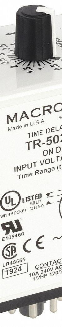 MACROMATIC Single Function Time Delay Relay: Socket Mounted, 240V AC, 10 A, 8 Pins/Terminals (MPN TR-50226-08). Key specifications — Brand: MACROMATIC.