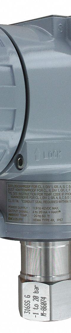 Indicating Transmitter: 0 psi to 3,600 psi, 4 to 20mA DC / HART Comm, Screw Terminals, IP66 /4X (MPN 3200G-4-FM-1-1-LCD). Key specifications — Process Connection Type: NPT; Intrinsically Safe: Intrinsically Safe; Housing Material: Aluminum; Fitting Material: 17-4PH Stainless Steel/316 Stainless Steel; IP Rating: IP66; Display Type: Digital; Series: 3200G; NEMA Rating: 4X.