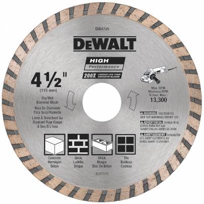 DEWALT Diamond Saw Blade: Masonry, 4 1/2 in Blade Dia., 7/8 in Arbor Size, Wet/Dry - Concrete & Asphalt-Cutting Blades
