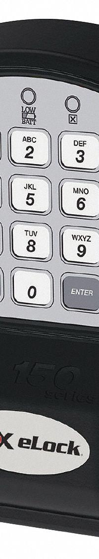 COMPX ELOCK Electronic Keyless Lock: Powder Coated, Spring Loaded Latch, 5 17/32 in Body Ht, Keypad (MPN 150-KP-CAB). Key specifications — Finish: Powder Coated; Latch Type: Spring Loaded Latch; Brand: COMPX ELOCK; Manufacturer Part Number: 150-KP-CAB.