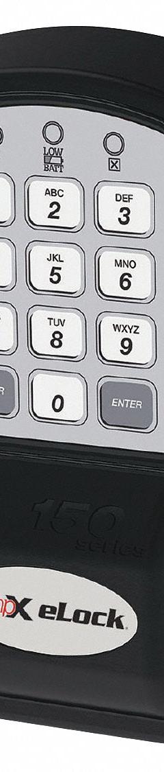 COMPX ELOCK Electronic Keyless Lock: Powder Coated, Spring Loaded Latch, 5 17/32 in Body Ht, Keypad (MPN 150-KP-CAB). Key specifications — Finish: Powder Coated; Latch Type: Spring Loaded Latch; Brand: COMPX ELOCK; Manufacturer Part Number: 150-KP-CAB.