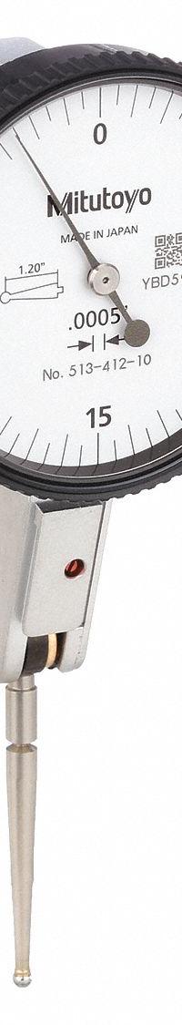 MITUTOYO Horizontal Dial Test Indicator: 0 in to 0.03 in, Horizontal, Inch, +/- 0.0005 in (MPN 513-412-10E). Key specifications — attr1184166: Long Carbide Point; attr1200917: Horizontal Dial Test Indicator; attr1184127: 513-412-10E; attr1184167: MITUTOYO; attr1184108: +/- 0.0005 in; attr1184144: Short Form Certificate of Inspection with NIST Traceability.