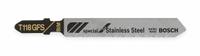 BOSCH Jigsaw Blade: 36, 3 1/4 in Blade Lg, Bi-Metal, Bi-Metal, T Shank, Stainless Steel, 5 PK (MPN T118GFS). Key specifications — attr1097716: Thin Metal; attr1097715: Bi-Metal; attr1097719: 36; attr1097721: Bi-Metal; attr1097728: BOSCH.