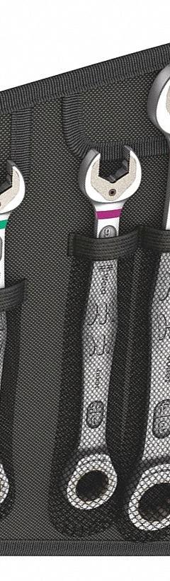 WERA Combination Wrench Set: Alloy Steel, Nickel Chrome, 4 Tools, Std, Reversing, Pouch (MPN 05073295001). Key specifications — attr309581: Nickel Chrome; attr309580: Alloy Steel; attr309571: Yes; attr309583: No; attr309587: Yes; attr324931: WERA; attr309569: 7/16 in to 3/4 in; attr309572: Pouch.