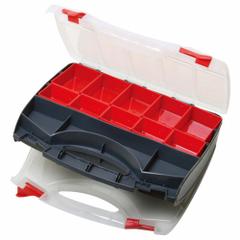 ECLIPSE Compartment Box: 13 3/4 in x 11 1/4 in x 3 1/4 in, Red/Black, 15 Compartments, Double Latch (MPN SB-3428SB). Key specifications — ESD Conductive: Not Electrostatic Discharge Conductive; Color: Red/Black; Brand: ECLIPSE; Material: Plastic.