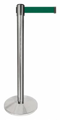 QUEUEWAY Barrier Post with Belt: Dark Green, No Pattern, No Legend, 10 ft Belt Lg, Silver (MPN QPLUS-1P-G7). Key specifications — Base Material: Metal Alloy; Belt Color: Dark Green; Brand: QUEUEWAY; Post Material: Metal Alloy; Post Color: Silver; Message: No Legend.