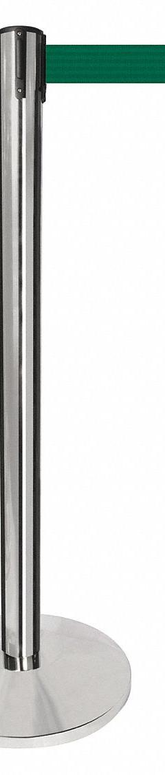 QUEUEWAY Barrier Post with Belt: Dark Green, No Pattern, No Legend, 10 ft Belt Lg, Silver (MPN QPLUS-1P-G7). Key specifications — Base Material: Metal Alloy; Belt Color: Dark Green; Brand: QUEUEWAY; Post Material: Metal Alloy; Post Color: Silver; Message: No Legend.