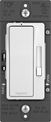 PASS & SEYMOUR Lighting Dimmer: Fluorescent/LED, Side, 1-Pole/3-Way, 120V AC, 5.5 A, 450W (CFL, LED) (MPN RH703PTUWAMCC4). Key specifications — Brand: PASS & SEYMOUR; Current Rating: 5.5 A; Wiring Method: Side; Lighting Technology: Fluorescent; Load Rating @ 120V AC: 450W (CFL, LED); Neutral Required: Yes; Operating Voltage: 120V AC; Series: Radiant.