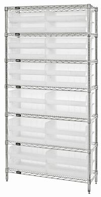 QUANTUM STORAGE SYSTEMS Shelving Unit: 36 in x 12 in x 74 in, 1 Sided, 24 Bins, Open, Hopper Bin (MPN WR7-245CL). Key specifications — Includes Bins: Yes; Frame Color: Chrome; Bin HxWxD: 5 x 16-1/2 x 10-7/8 in; Frame Material: Carbon Steel; Bin Color: Clear; Bin Style: Hopper; Brand: QUANTUM STORAGE SYSTEMS.