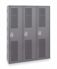 HALLOWELL Wardrobe Locker: 54 in x 18 in x 72 in, Ventilated, 1 Tiers, 3 Units Wide, Padlock Hasp (MPN HWBA882-111HG). Key specifications — Brand: HALLOWELL; Locker Color: Dark Gray; Door Type: Ventilated; Locker Material: Steel; Assembled: Assembled; Number Plate Included: Yes.
