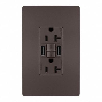 LEGRAND Receptacle: Duplex, 5-20R, 2 USB Ports, USB Type A, Brown, 125V AC, 20 A - Weather-Resistant Receptacles with USB Chargers