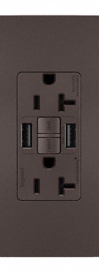 USB Receptacle: Duplex, 5-20R, 2 USB Ports, USB Type A, Brown, 125V AC, 20 A, GFCI (MPN 2097TRUSBAA). Key specifications — Brand: LEGRAND.