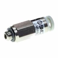 SMC Pneumatic Check Valve: Male Connector, NBR, Aluminum Alloy (Valve)/PBT (Body)/Spacer (Brass) (MPN AKH04A-M5). Key specifications — attr291949: M5 x 0.8; attr291950: 4 mm Tubing; attr291957: NBR, Aluminum Alloy (Valve); PBT (Body); Spacer (Brass); attr294749: SMC.