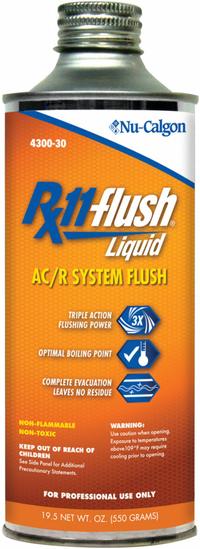 NU-CALGON Flush Solvent: 19.5 oz Can, Liquid, Clear, 5 ton For System Size (MPN 4300-30). Key specifications — Fluid Color: Clear; Form: Liquid; Container Type: Can; Brand: NU-CALGON; Series: Rx11; Flammability: Non-Flammable; For Refrigerant Group: CFC; For Refrigerant Type: R-410A.