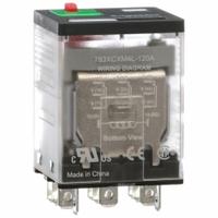 SCHNEIDER General Purpose Relay: Socket Mounted, 15 A Current Rating, 120V AC, 3PDT, E Socket (MPN 783XCXM4L-120A). Key specifications — Brand: SCHNEIDER; Base Type: Square; Mounting Style: Socket; Electrical Connection: Faston Terminal; Manufacturer Part Number: 783XCXM4L-120A; Operating Current: 15 A at 250V; Series: 783 Series.