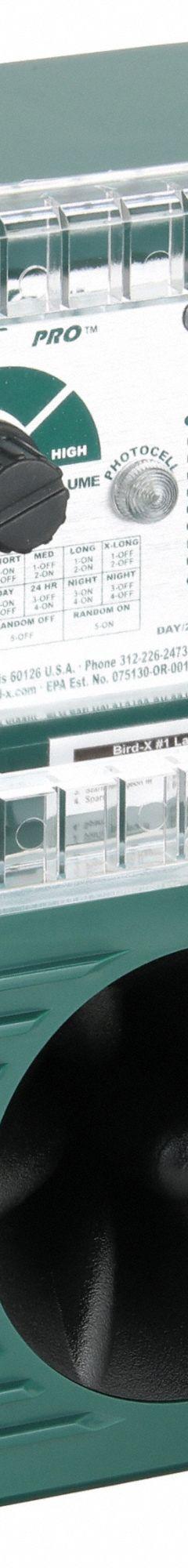 BIRD-X Electronic Bird Repeller: 1 acre Coverage Area, Wall Mount, Electric, 110 dB Max Volume (MPN BXP PRO 1). Key specifications — Manufacturer Part Number: BXP PRO 1; Brand: BIRD-X; Mounting Type: Wall Mount; Power Source: Electric; Targeted Animals: Starlings; Voltage: 110 V DC.