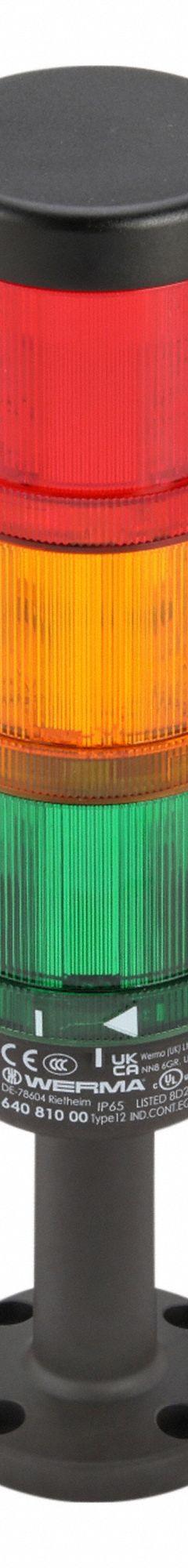 WERMA Tower Light Assembly: 3 Tier, Green/Red/Yellow, No Sounder Tier, 299 mm Overall Ht, 64924005. Key specifications — Manufacturer Part Number: 64924005; Brand: WERMA; Operating Voltage: 24V AC/DC; Light Tier Color: Yellow.