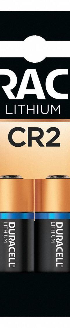 DURACELL Battery: CR2 Battery Size, Lithium, 1,000 mAh Capacity, 3V DC, 2 PK (MPN DLCR2). Key specifications — Battery Chemistry: Lithium; Brand: DURACELL.
