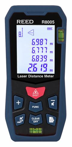 REED INSTRUMENTS Distance Meter: Inch/Metric, 1 7/8 in – 164 ft, ± 2 mm, AAA, ABS Plastic, LCD (MPN R8005). Key specifications — attr938983: Meters; attr938974: Pythagoras (2 Points); attr934751: REED INSTRUMENTS; attr938968: ± 2 mm; attr938975: Case; attr938977: Red.