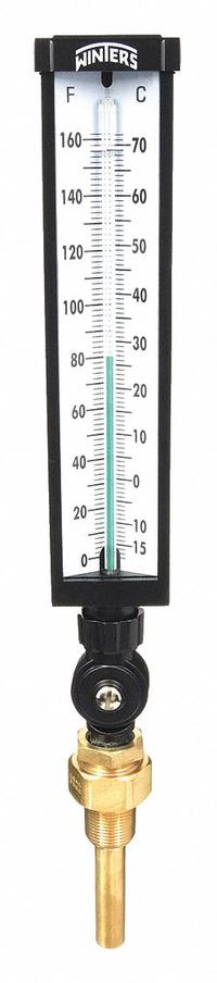 WINTERS Industrial Glass Thermometer: 0°F to 160°F /-15°C to 70°C, +/-1% Accuracy, 3.5 in Stem Lg (MPN TIM103ALF.). Key specifications — Thermometer Thread Type: UNF; Accuracy: +/-1%; Brand: WINTERS.
