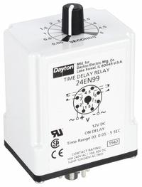 DAYTON Single Function Time Delay Relay: Socket Mounted, 12V DC, 10 A, 8 Pins/Terminals, On Delay (MPN 24EN99). Key specifications — Brand: DAYTON.