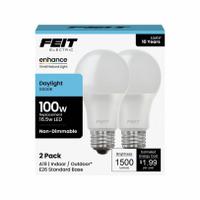 FEIT ELECTRIC Compact LED Bulb: Medium Screw (E26), LED, (A) Classic, A19, 16.5 W Watt, 5000K (MPN OM100/950CA10K/2). Key specifications — attr233510: A19; attr233525: 120V AC; attr233549: Frosted; attr518949: 5000K; attr239859: FEIT ELECTRIC.