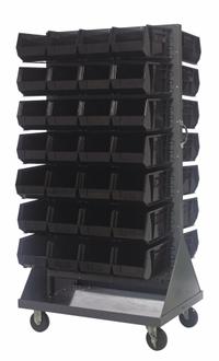 QUANTUM STORAGE SYSTEMS Mobile Louvered Floor Rack: 36 in x 24 in x 72 in, 56 Bins Included, Black (MPN QMD-36H-240BK). Key specifications — Bin Width: 8-1/4 in; Color: Gray; Caster Wheel/Configuration: (2) Swivel; Caster Wheel/Tread Material: Hard Rubber; Bin Color: Black; Bin Depth: 14-3/4 in; Bin Height: 7 in; Brand: QUANTUM STORAGE SYSTEMS.