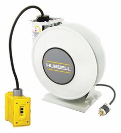 HUBBELL WIRING DEVICE-KELLEMS Extension Cord Reel: Ratchet Lock, 45 ft Cord Lg, 12 AWG, SJO, 5-20P (MPN HBLI45123GF20). Key specifications — Retractable Cord Ending NEMA Configuration: 5-20R; Feeder Cord Ending NEMA Configuration: 5-20P; Brand: HUBBELL WIRING DEVICE-KELLEMS.