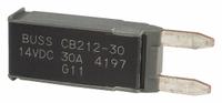 Automotive Circuit Breaker: CB212, 14V DC, 225 A at 14V DC, Blade (MPN CB212-30). Key specifications — Series: CB212; Voltage: 14V DC; Interrupt Rating: 225 A at 14V DC; Terminal Connection: Blade; Circuit Breaker Type: Type II Footprint Circuit Breaker; Brand: BUSSMANN.