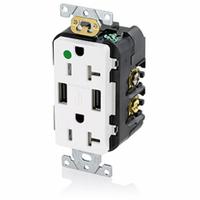 USB Receptacle: Duplex, 5-20R, 2 USB Ports, USB Type A, White, 125V AC, 20 A (MPN T5832-HGW). Key specifications — Brand: LEVITON.
