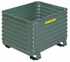 STEEL KING Bulk Container: 26.7 cu ft, 41 1/2 in x 49 1/2 in x 28 1/2 in, Lid Not Included, Green (MPN RCCM404824VG). Key specifications — Brand: STEEL KING; Stackable: Stacking Capable; Shape: Rectangular; Runner Location: None; Fork Entry: 4-Way Entry; Container Wall Type: Solid; Mobility: Stationary; Collapsible: Collapsible.