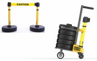 Belt Barrier System: 42 in Post Ht, 15 ft Belt Lg, Yellow, 5 No. of Posts, Message, Fillable Base (MPN PL4001). Key specifications — Brand: BANNER STAKES; Base Shape: Round Flat; Belt Color: Yellow; Message: Caution; Post Color: Yellow; Belt Type: Message.