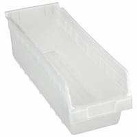 AKRO-MILS Shelf Bin: 17 7/8 in Overall Lg, 6 5/8 in x 6 in, Clear, Nesting Capable, Not Hangable (MPN 30098SCLAR). Key specifications — attr1179622: AKRO-MILS; attr1179611: 0%; attr1179616: 30098SCLAR; attr1179624: Dividers Not Included; attr1249172: Not Electrostatic Discharge Conductive.