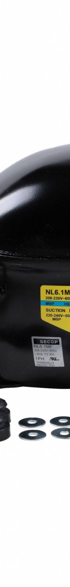 SECOP Compressor: Reciprocating, 1,377 BtuH Cooling, 1/5 hp, 1/4 in Discharge Line Connection Size (MPN NL6.1MF-2). Key specifications — Manufacturer Part Number: NL6.1MF-2; Brand: SECOP; Compressor Protection: Hermetic; For Refrigerant Type: R-134A.