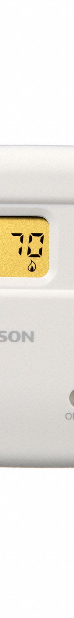 EMERSON Low Voltage Thermostat: Heat or Cool, Manual, B/G/O/RC/RH/W/Terminal Designations, Auto-On (MPN 01F78 144S1). Key specifications — Application: Heat or Cool; Key Features: Selectable Celsius or Fahrenheit Temperature Display; Temperature Differential: 0.8° to 1.5°F; Voltage: 30V AC; Terminal Designations: Y; System Settings: Cool-Heat-Off; Temperature Control Range: 45° to 99°F; Changeover Type: Manual.
