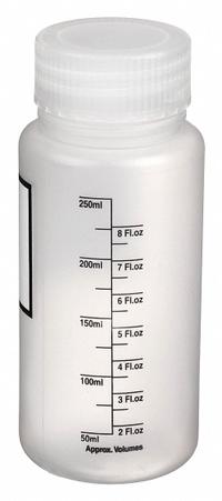 DYNALON Storage Bottle: Polypropylene, 250 mL, 8.45 fl oz, Closure Included, Colorless, Unlined (MPN 501505-0250). Key specifications — Brand: DYNALON; Graduated: Yes; Body Color: Colorless.