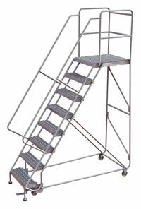 TRI-ARC Rolling Ladder: 6.7 ft Platform Ht, Assembled, Aluminum, Wt-Actuated, Serrated (MPN WLAR108245-D5). Key specifications — Includes Handrails: Handrails Included; Material: Aluminum; Brand: TRI-ARC; Color: Gray.